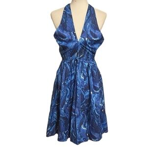 Michael by Michael Kors Blue Starry Night Print Twist Racerback Tea Length Dress